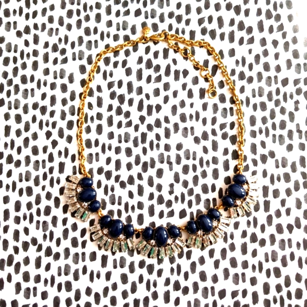 J. Crew Gold Link w/ Navy Oval Cabochons and Rectangle Fan Rhinestone Necklace